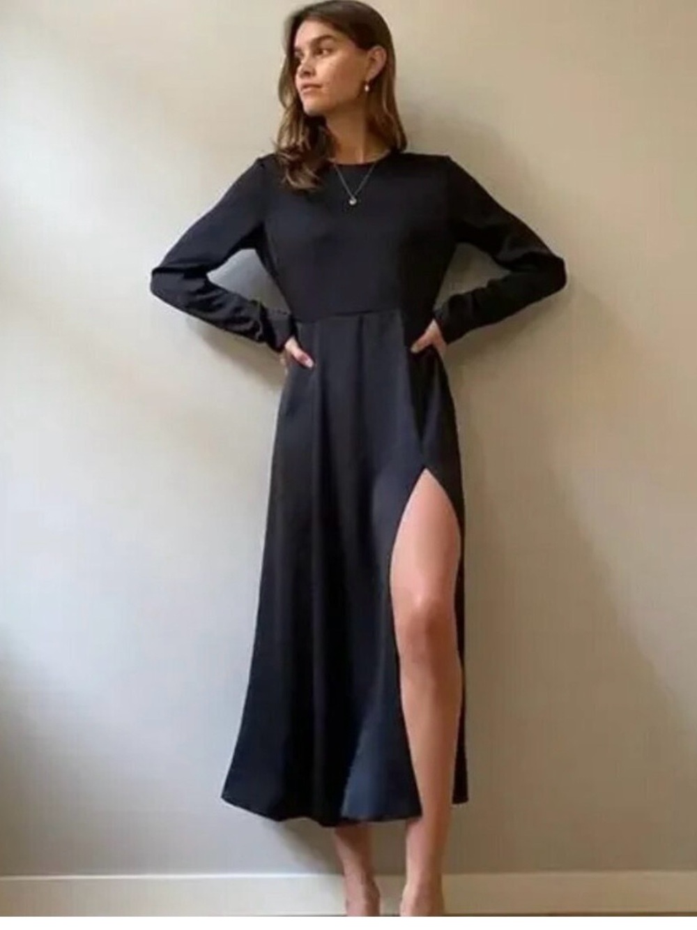 Wilfred Evora Dress – Black, Open-Back Midi with Side Slit and Long Sleeves